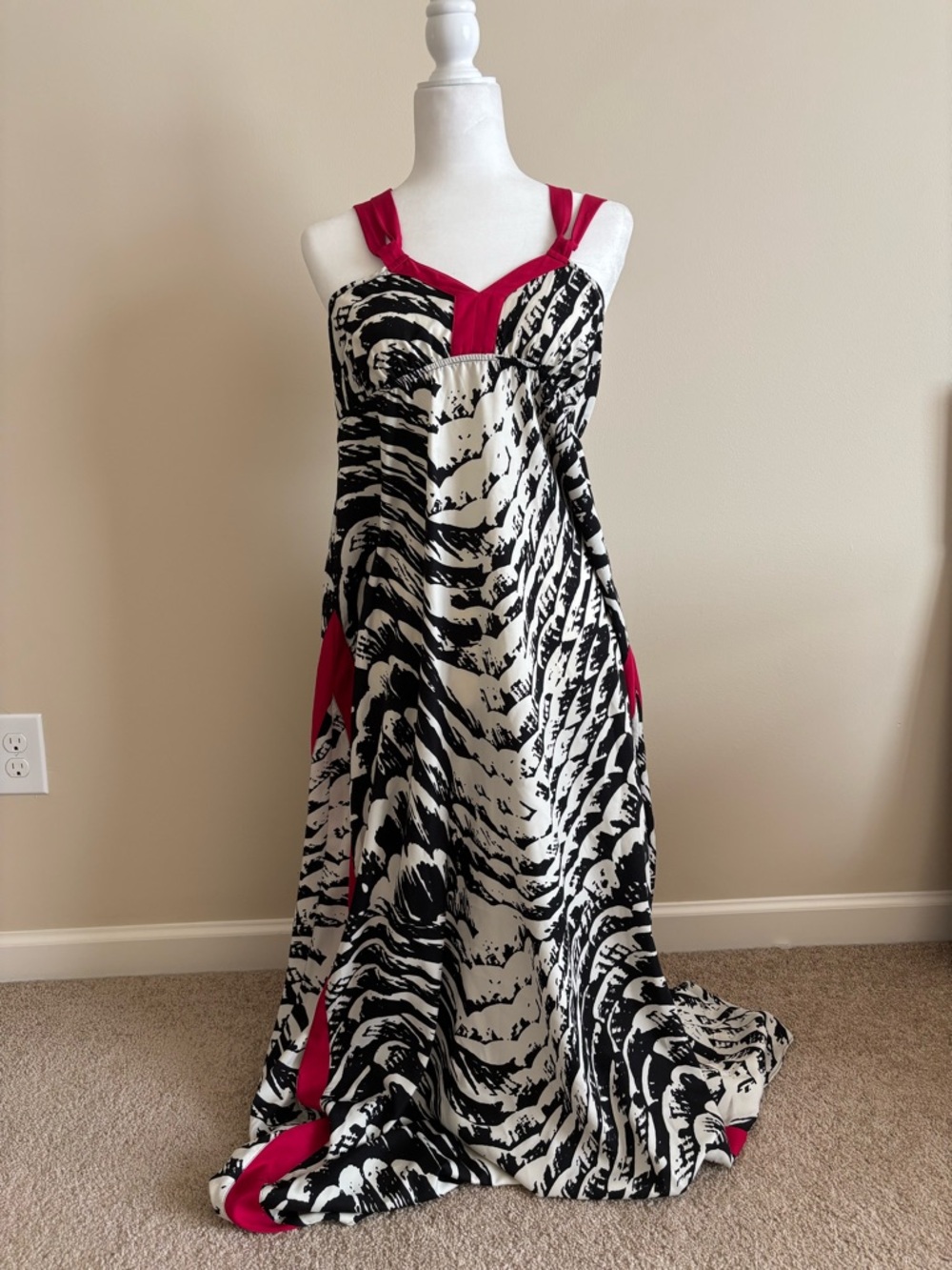 Express Black & White Graphic Maxi Dress with Red Accents
